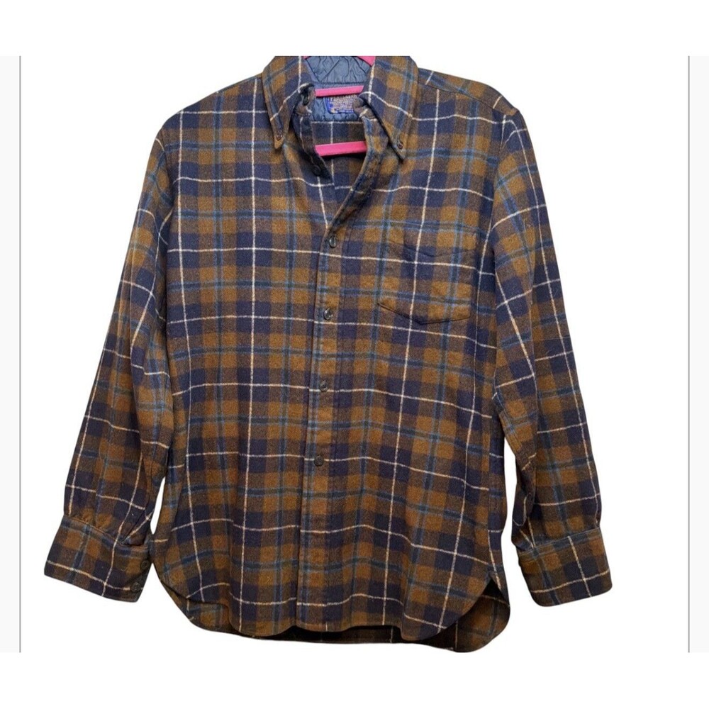 Vtg 70s Pendleton Wool Plaid Flannel Shirt Mens M Brown Blue Lodge Board USA